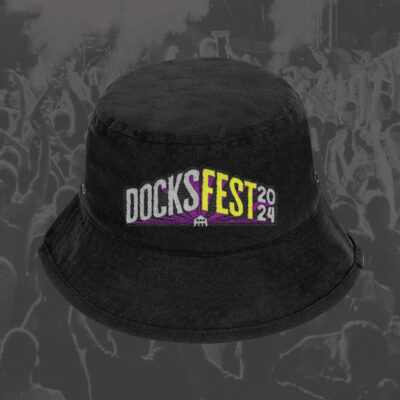 DocksFest black bucket hat with embroidered full colour DocksFest logo on the front