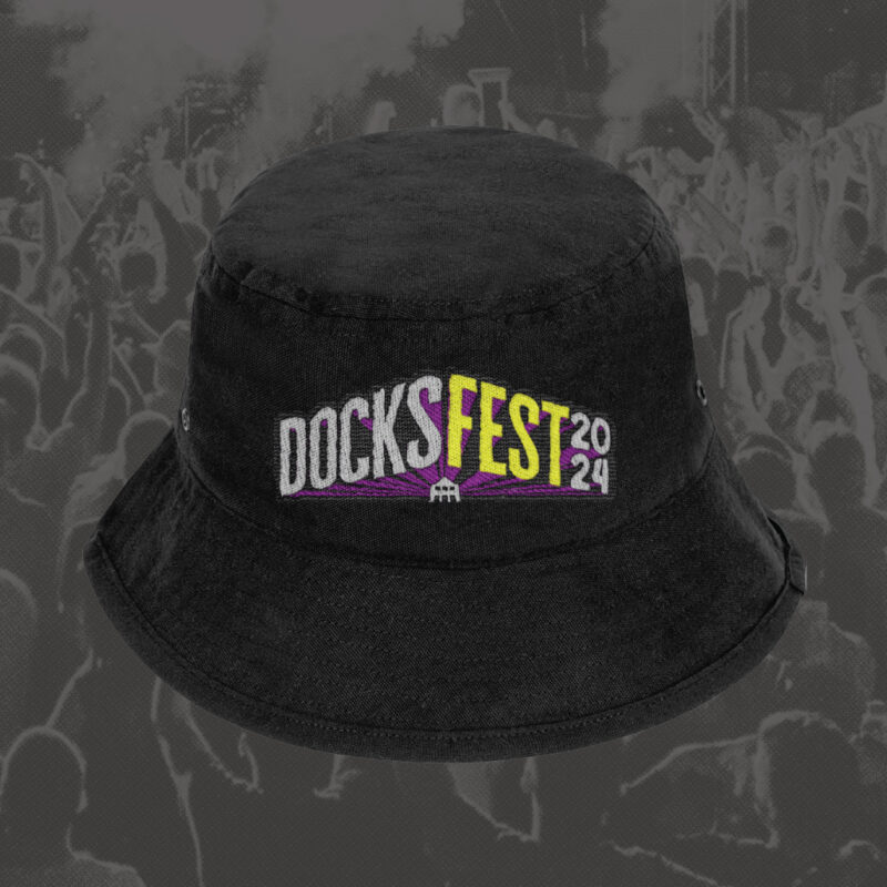 DocksFest black bucket hat with embroidered full colour DocksFest logo on the front