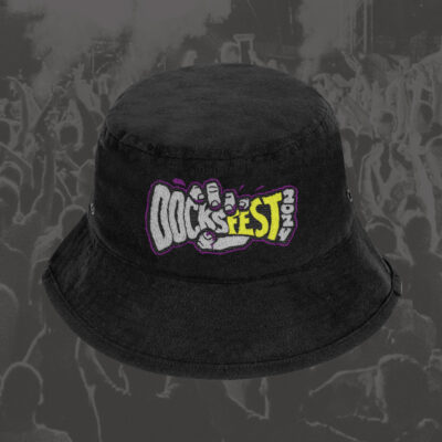 DocksFest black bucket hat with embroidered full colour illustrated DocksFest logo on the front