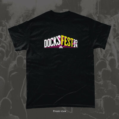 DocksFest T-Shirt Design 2 in black colour - front view featuring large DocksFest logo