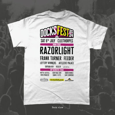 DocksFest T-Shirt Design 3 in white colour - rear view featuring full DocksFest lineup and logo