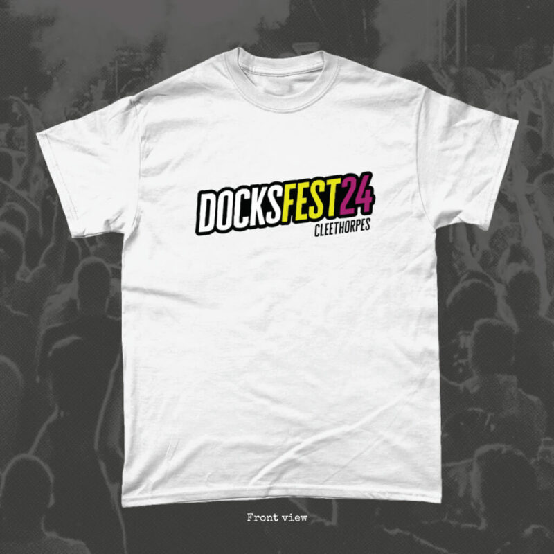 DocksFest T-Shirt Design 3 in white colour - front view featuring DocksFest24 Cleethorpes design