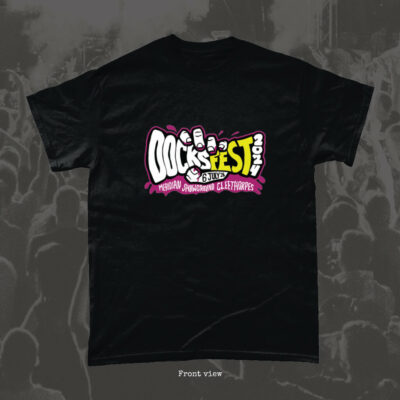 DocksFest T-Shirt Design 5 in black colour - front view featuring large hand illustrated DocksFest logo, date and location